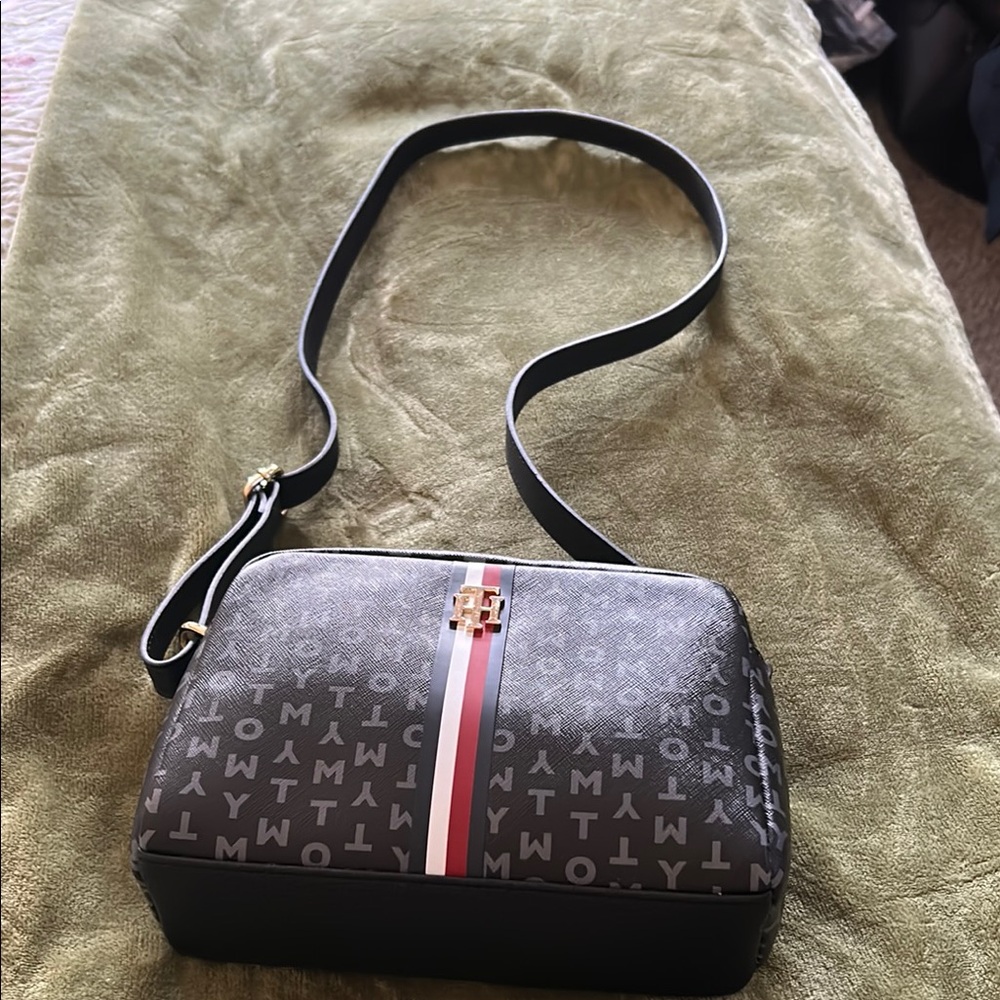 Tommy Hilfiger Black and Red Crossbody Bag with Monogram Pattern